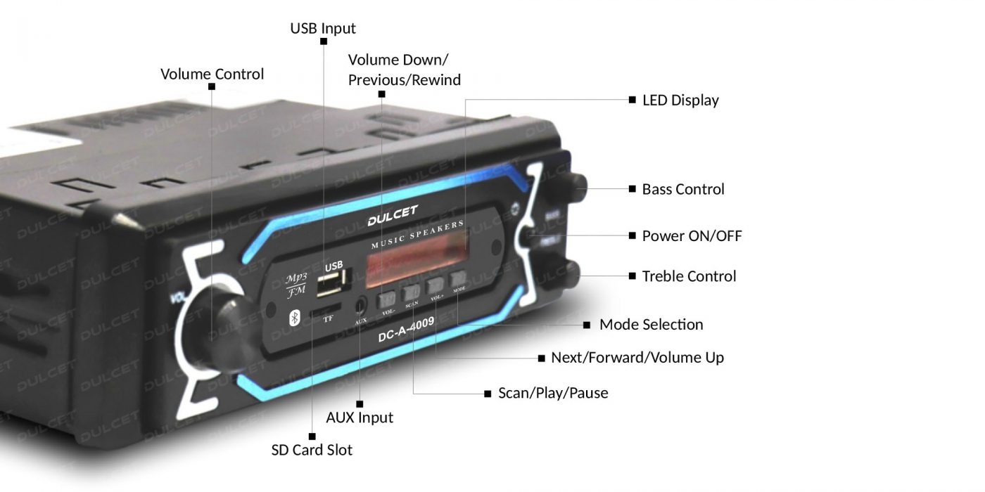 Dulcet DC-A-4009 Single Din Mp3 Car Stereo Front Functions Image